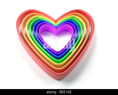 3D render of hearts dans sept couleurs arc-en-ciel sur fond blanc Banque D'Images