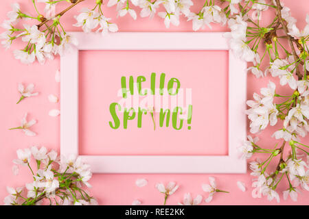 Bonjour printemps avec le texte que j'ai faite d'une fleur à l'intérieur d'un cadre photo rose vide sur un fond rose entouré de cerisiers en fleurs et les pétales. Appartement la Banque D'Images