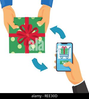 Online Shopping concept shopping mobile man holding smart phone et achète un cadeau Illustration de Vecteur