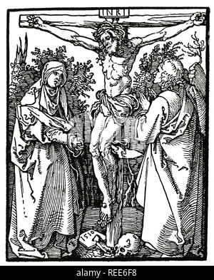 Le Christ en Croix avec Marie et st. John. Gravure sur bois, Albrecht durer, 1526. Banque D'Images