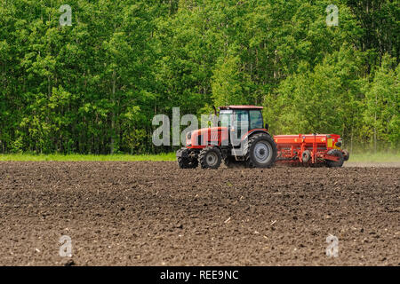 Verhovina, Russie - 30 juin 2017 : agriculteur avec tracteur - semis semer les cultures aux champs agricoles Banque D'Images
