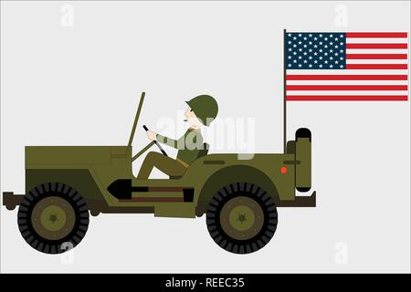 Jeep militaire avec un soldat et un drapeau américain Illustration de Vecteur