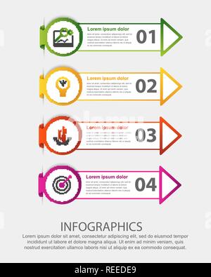 Vector illustration 3D moderne. Label STEP circulaire infographic template avec quatre éléments et des flèches. Contient des icônes et du texte. Conçu pour les entreprises, Illustration de Vecteur