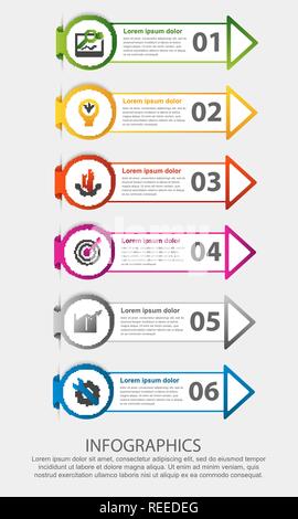 Vector illustration 3D moderne. Label STEP circulaire infographic template avec six éléments et des flèches. Contient des icônes et du texte. Conçu pour les entreprises, Illustration de Vecteur