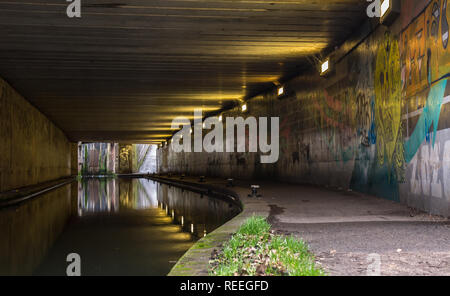 Paysage du côté du canal de l'écriture graffiti vaporisés sur les murs en passage inférieur pour piétons, Kidderminster UK. Fléau de nos cours d'eau ou du patrimoine d'expression artistique ? Banque D'Images