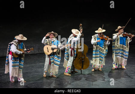 Musiciens en costume de la musique traditionnelle à Xcaret Mexico Espectacular dîner spectacle au parc à thème écologique Xcaret, Riviera Maya, Mexique. Banque D'Images
