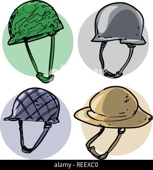 Un schéma de référence style vintage casques militaires cartoon. quad set, vector illustration. Illustration de Vecteur