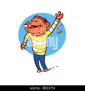 Heureux enfant qui porte un t-shirt à rayures, jusqu'à bras, cartoon style vector illustration. Illustration de Vecteur