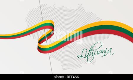 Illustration Vecteur de résumé carte demi-teinte en pointillés radial de Lituanie et ruban ondulé avec des couleurs du drapeau national lituanien pour votre conception Illustration de Vecteur