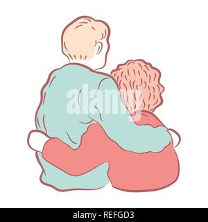 La main d'elder couple hugging, concepts de famille heureuse, simple ligne vector illustration. Illustration de Vecteur