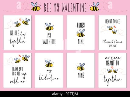 Les cartes de Saint-Valentin avec mignon bee et citations, ensemble d'éléments de conception vectorielle Illustration de Vecteur