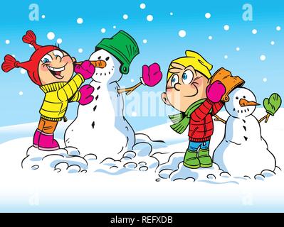 L'illustration montre un garçon et une fille qui font un bonhomme de neige. En fait l'illustration cartoon style. Illustration de Vecteur