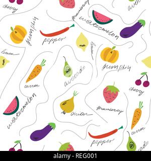 Cute fruits et légumes avec leurs noms de modèle uniforme. Les éléments dessinés à la main sur le fond blanc. Vector illustration. Illustration de Vecteur