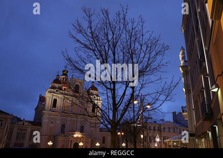 Belle église baroque de saint Casimir à Vilnius, Lituanie à l'heure bleue. Les bâtiments historiques, les lumières de la ville, l'arbre., le soir, au crépuscule. Banque D'Images