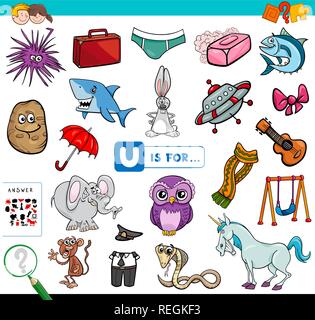 Cartoon Illustration de trouver Photo commençant par la lettre U jeu éducatif pour les enfants Cahier Illustration de Vecteur