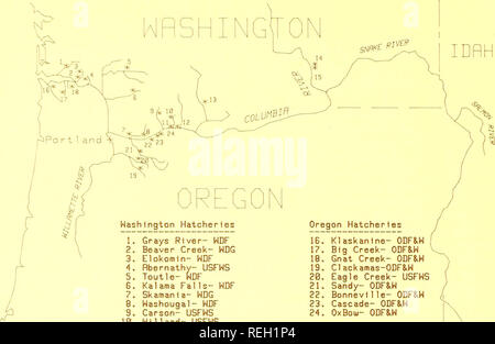 . Programme de développement des pêches de la rivière Columbia. Pêches Columbia.. IDRHO o o LJ (X. 1. Grays Rivei WDF- 2. Beaver Creek-- Rbernathy Elokomin WDG WDF- USFWS Toutle- Kalama WDF Falls- WDF Skamania- WDG 8. Washougal- WDF 9. Carson- USFWS, 10. Willard- USFWS, 11. Peu de saumon blanc- 12 de l'USFWS. Spring Creek- USFWS, 13. Klickitat- WDF 14. Rlngold- Saumon WDF 15. La truite Ringold- WDG COLUMBIR PROGRRM FINANCÉ LE DÉVELOPPEMENT DE LA PÊCHE DE LA RIVIÈRE HRTCHERIES Figure 20 Programme de développement des pêches de la rivière Columbia dans les couvoirs et élever des étangs dans l'Oregon et de Washington. Un ajout à l'original 21 couvoirs ha Banque D'Images