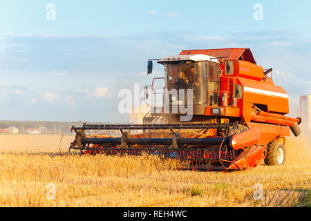 Minsk, Belarus - 19 AOÛT 02 : travailler sur un champ de blé près du bâtiment vivant, le 02 août 2016 à Minsk, Biélorussie Banque D'Images