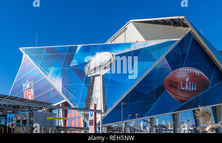 ATLANTA, GÉORGIE - 21 janvier 2019 : Superbowl LIII sera joué au Stade Mercedes-Benz d'Atlanta le Dimanche, Février 3, 2019 contre la nouvelle Engl Banque D'Images