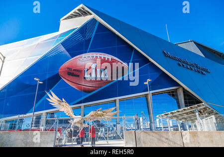 ATLANTA, GÉORGIE - 21 janvier 2019 : Superbowl LIII sera joué au Stade Mercedes-Benz d'Atlanta le Dimanche, Février 3, 2019 contre la nouvelle Engl Banque D'Images