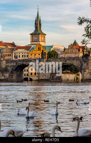 PRAGUE, RÉPUBLIQUE TCHÈQUE - 27 août 2015 : foule de touristes à pied sur le Pont Charles médiéval en pierre sur la rivière Vltava, Prague, République Tchèque Banque D'Images