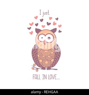 Je viens de tomber en amour. Rose Cute cartoon choc hibou avec coeurs. L'élément isolé pour la conception de cartes de souhaits pour la Saint-Valentin vacances. Vector illustration Illustration de Vecteur