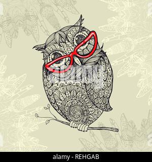 Chouette style doodle en rouge lunettes. Illustration d'ornements pour remplir la page de coloriage adultes, de conception ou de dessin encre antistress impression tshirt, design textile tissu Illustration de Vecteur