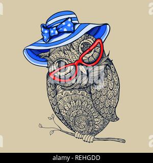 Style Doodle tachetée en bleu été dépouillé hat et red lunettes. Illustration d'ornements pour remplir la page de coloriage adultes, de conception ou de dessin encre antistress impression tshirt, design textile tissu Illustration de Vecteur