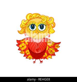 Cute owl féminin avec des cheveux blonds, boucles d'oreilles, pendentif ou médaillon avec coeur rouge et belle forment les yeux. Ailes propagation avec motif à fleurs jaunes. Élément du vecteur isolées pour cartoon design. Illustration de Vecteur