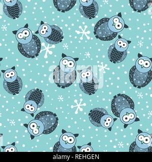 Motif d'hiver sans couture avec mignon hiboux et la neige, les chutes de neige et les flocons. Les couleurs bleu et blanc. Peut être utilisé pour le tissu du dessin textile, oreiller, nappe, papier peint ou toile de site web. Vector illustration Illustration de Vecteur