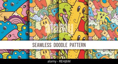 Une collection de motifs vectoriels avec cute cartoon monstres et bêtes. Bien pour l'emballage, papier d'emballage, des pages à colorier, papier peint, tissu, f Illustration de Vecteur
