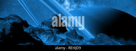 Vue de la planète Saturne et les anneaux, vu de l'une de ses lunes Banque D'Images