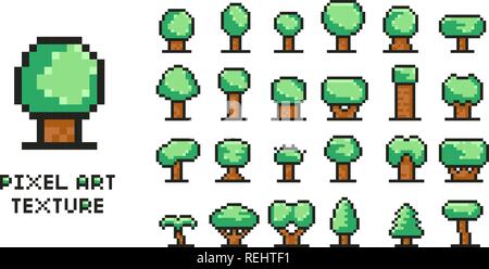 Pixel art illustration vector set - 8 peu d'icônes de l'arbre vert isolé Illustration de Vecteur