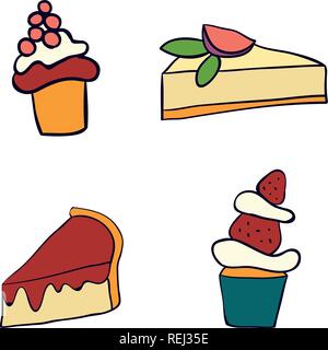 Des gâteaux sucrés à la main jeu de tranches vector illustration. Doodle illustration. Morceaux de gâteau, de chocolat, de cokie et bonbons dans doodle style. Vector illustrat Illustration de Vecteur