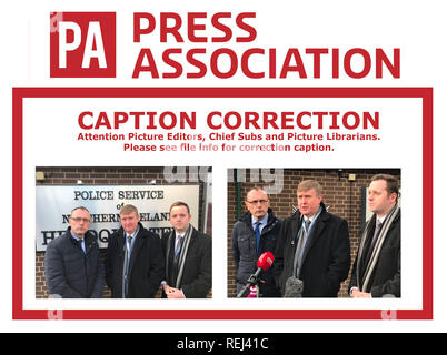 Légende CORRECTION POUR CORRIGER CETTE SÉRIE DE PHOTOS DE GAUCHE À DROITE de l'image ci-dessous LÉGENDE CORRECTE A ÉTÉ RETRANSMIS SUR LA PA SUR LE FIL (de gauche à droite) Axes Keith Buchanan, Mervyn Story et Gary Middleton hors siège de la Police à East Belfast, où ils ont rencontré le chef de police PSNI George Hamilton à la suite de la voiture piégée à Londonderry. Banque D'Images