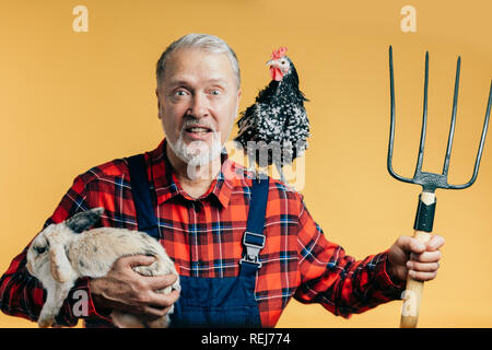 Cheerfil senior avec une poule sur son épaule est debout avec fourche Banque D'Images