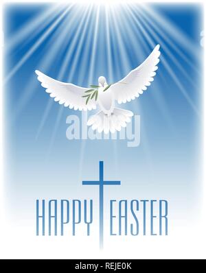 Joyeuses Pâques. Colombe blanche avec branche d'olivier et de croix. Vector illustration. Illustration de Vecteur