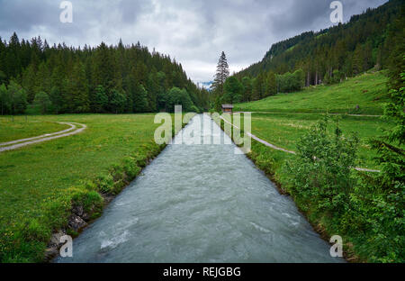 Paysage de la rivière Rychenbach, pré et nature verte des Alpes suisses par un jour pluvieux. Prise dans la vallée alpine Reichenbachtal, Oberhasli, canton de Berne Banque D'Images