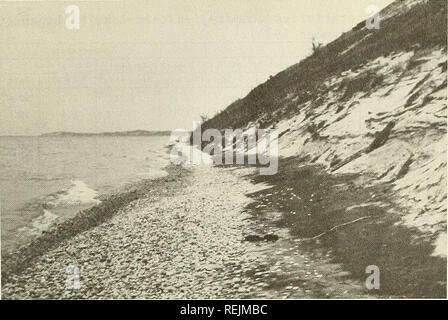 . Des changements côtiers, dans l'est du lac Michigan, 1970-1974. Des changements de la côte. La figure 14. La plage à 2 ligne de profil, montrant le large éventail de sédiments (mai 1973). Note des bandes de galets sur l'estran et les minéraux lourds le long de l'arrière-plage. En raison de la nature variée des sédiments et de la difficulté de recueillir des échantillons réellement représentatifs, les données ont été interprétées par la moyenne simple des données concernant les sédiments par mois et par profil. Pour éliminer tout biais saisonnier dans les résultats, des moyennes annuelles ont été calculées pour chaque ligne de profil par l'informatique d'abord une moyenne pour tous les échantillons de la même m Banque D'Images