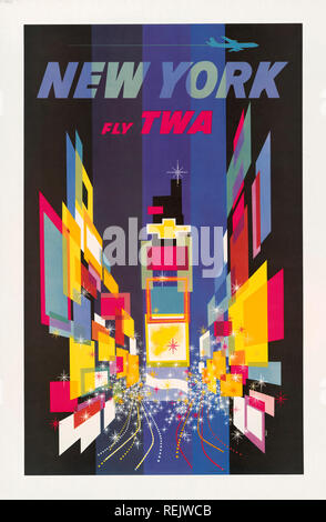 L'interprétation abstraite de Times Square avec Jet volant au-dessus, 'New York, Fly TWA', affiche, David Klein, 1956 Banque D'Images