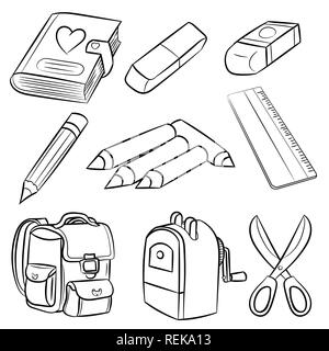 Bienvenue à l'école, fournitures de classe défini, pour l'éducation, livre de coloriage Concept. Hand Drawn Vector Illustration. Illustration de Vecteur