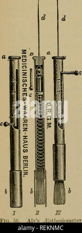 . Un livre de classe (primaire) : physiologie pratique dont l'histologie, la physiologie expérimentale et chimique. La physiologie. 260 LES SENS. Avec un compas trouver le moins distance à laquelle les points peuvent être distingués comme deux impressions distinctes lorsqu'elles sont appliquées simultanément à la peau. Mesurer les intervalles avec une échelle millimétrique. Test de la pointe de la langue, la peau des lèvres, le front, les joues, la main, l'avant-bras et de la nuque. Le sentiment de la douleur. Explorer la peau de la main et l'avant-bras avec l'instrument d'Aly, qui se compose d'une longue aiguille maintenue la projection de fr Banque D'Images