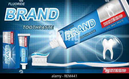 Dentifrice menthe concept avec effet pétillant sur fond bleu. pour la conception de l'emballage du produit ou de la publicité. L'affiche de dentifrice Illustration 3D de vecteur. Illustration de Vecteur