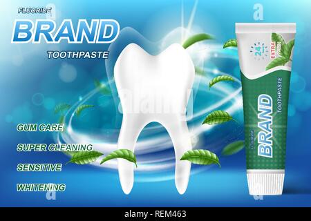 Dentifrice blanchissant ads, les feuilles de menthe. Modèle de la dent et de la conception de l'emballage du produit pour les dentifrices ou de l'affiche de la publicité. Illustration 3D de vecteur. Illustration de Vecteur