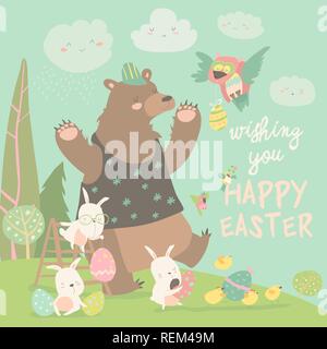 Cute Bear et célébrer Pâques lapins heureux Illustration de Vecteur