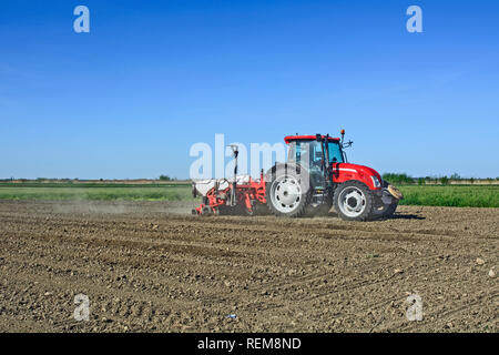 Les semis de printemps. Avec un tracteur agriculteur sème du maïs sur son domaine. Banque D'Images