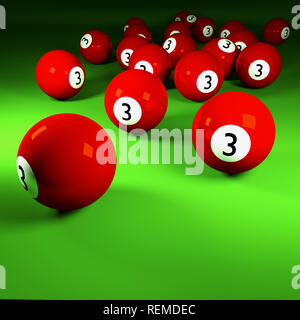 Boules de billard rouge numéro trois sur une table de billard Banque D'Images