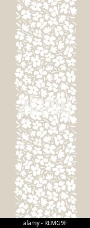 Graphique féminin floral ditsy gestuelle verticale transparente vecteur frontière. Petite échelle simpliste hand drawn floraison blanche sur fond beige. Mini rétro Illustration de Vecteur