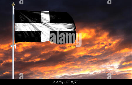 Pavillon de St Piran sur mât voltigeant dans le vent contre un ciel coucher de soleil coloré. Banque D'Images