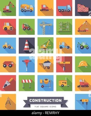 Modèle plat, ombre portée de l'industrie de la construction et des outils carrés vector icons set Illustration de Vecteur