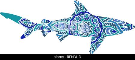 Requin dessiné à la main avec motif doodle ethniques. Coloriage - zendala, pour la relaxation et la méditation pour les adultes, vector illustration, isolé sur un fond blanc. . Illustration de Vecteur